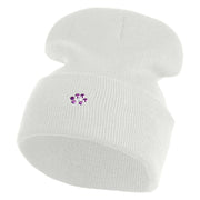 Rhinestud Hotfix Purple Flower Iron On Glue Patched 12 Inch Long Knitted Beanie - White OSFM