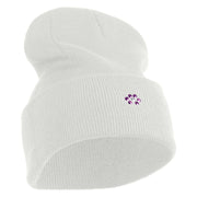 Rhinestud Hotfix Purple Flower Iron On Glue Patched 12 Inch Long Knitted Beanie - White OSFM