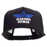 Air Force Wing Veteran Embroidered Five Panels Pro Style Trucker Mesh Cap - Black OSFM