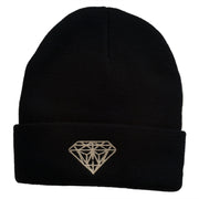 Diamond Embroidered Cuff Long Black Beanie