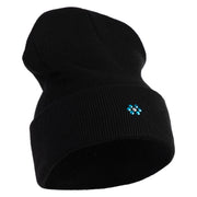 Rhinestud Hotfix Blue Flower Iron On Glue Patched 12 Inch Long Knitted Beanie - Black OSFM