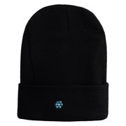Rhinestud Hotfix Blue Flower Iron On Glue Patched 12 Inch Long Knitted Beanie - Black OSFM