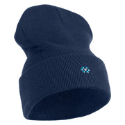 Rhinestud Hotfix Blue Flower Iron On Glue Patched 12 Inch Long Knitted Beanie - Navy OSFM
