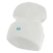 Rhinestud Hotfix Blue Flower Iron On Glue Patched 12 Inch Long Knitted Beanie - White OSFM