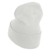Rhinestud Hotfix Blue Flower Iron On Glue Patched 12 Inch Long Knitted Beanie - White OSFM