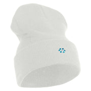 Rhinestud Hotfix Blue Flower Iron On Glue Patched 12 Inch Long Knitted Beanie - White OSFM