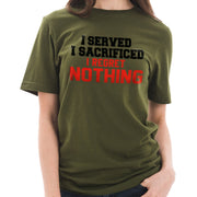 I Served I Sacrificed I Regret Nothing Graphic Design Ring Spun Combed Cotton Short Sleeve Deluxe Jersey T-Shirt - Army-Green XS