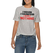 I Served I Sacrificed I Regret Nothing Graphic Design Ring Spun Combed Cotton Short Sleeve Deluxe Jersey T-Shirt - Heather-Grey XS