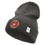US Marines Corps Retired Emblem Logo Embroidered 12 Inch Solid Knit Cuff Long Beanie Made in USA - Charcoal OSFM
