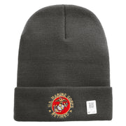 US Marines Corps Retired Emblem Logo Embroidered 12 Inch Solid Knit Cuff Long Beanie Made in USA - Charcoal OSFM