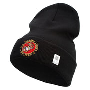 US Marines Corps Retired Emblem Logo Embroidered 12 Inch Solid Knit Cuff Long Beanie Made in USA - Black OSFM