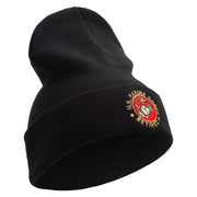 US Marines Corps Retired Emblem Logo Embroidered 12 Inch Solid Knit Cuff Long Beanie Made in USA - Black OSFM
