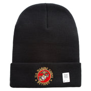 US Marines Corps Retired Emblem Logo Embroidered 12 Inch Solid Knit Cuff Long Beanie Made in USA - Black OSFM