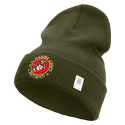 US Marines Corps Retired Emblem Logo Embroidered 12 Inch Solid Knit Cuff Long Beanie Made in USA - Olive OSFM