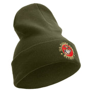 US Marines Corps Retired Emblem Logo Embroidered 12 Inch Solid Knit Cuff Long Beanie Made in USA - Olive OSFM