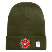 US Marines Corps Retired Emblem Logo Embroidered 12 Inch Solid Knit Cuff Long Beanie Made in USA - Olive OSFM