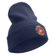 US Marines Corps Retired Emblem Logo Embroidered 12 Inch Solid Knit Cuff Long Beanie Made in USA - Navy OSFM