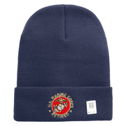 US Marines Corps Retired Emblem Logo Embroidered 12 Inch Solid Knit Cuff Long Beanie Made in USA - Navy OSFM