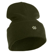 Rhinestud Hotfix Light Green Flower Iron On Glue Patched 12 Inch Long Knitted Beanie - Olive OSFM