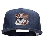 English Bulldog Head Patched 5 Panel Flat Bill Snapback Cap - Denim-Navy OSFM