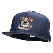 English Bulldog Head Patched 5 Panel Flat Bill Snapback Cap - Denim-Navy OSFM