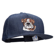 English Bulldog Head Patched 5 Panel Flat Bill Snapback Cap - Denim-Navy OSFM