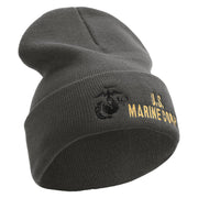 US Marine Corps Logo Embroidered 12 Inch Solid Knit Cuff Long Beanie Made in USA - Charcoal OSFM