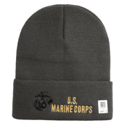 US Marine Corps Logo Embroidered 12 Inch Solid Knit Cuff Long Beanie Made in USA - Charcoal OSFM
