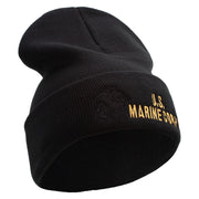 US Marine Corps Logo Embroidered 12 Inch Solid Knit Cuff Long Beanie Made in USA - Black OSFM