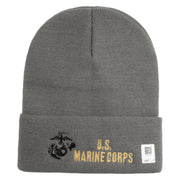 US Marine Corps Logo Embroidered 12 Inch Solid Knit Cuff Long Beanie Made in USA - Dk-Ash OSFM