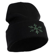 Christmas Snowflakes Rhinestud Iron on Glue Patched 12 Inch Long Knitted Beanie - Black OSFM