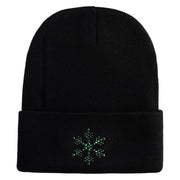 Christmas Snowflakes Rhinestud Iron on Glue Patched 12 Inch Long Knitted Beanie - Black OSFM