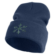 Christmas Snowflakes Rhinestud Iron on Glue Patched 12 Inch Long Knitted Beanie - Navy OSFM
