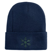 Christmas Snowflakes Rhinestud Iron on Glue Patched 12 Inch Long Knitted Beanie - Navy OSFM