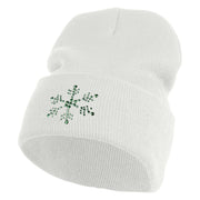 Christmas Snowflakes Rhinestud Iron on Glue Patched 12 Inch Long Knitted Beanie - White OSFM