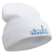 Linear Toronto Skyline Embroidered 12 Inch Long Knitted Beanie - White OSFM