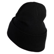Small Blue Chiffon Daisy Floral Iron On Patched 12 Inch Long Knitted Beanie - Black OSFM