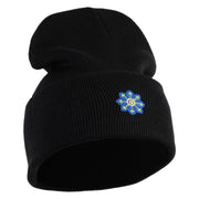 Small Blue Chiffon Daisy Floral Iron On Patched 12 Inch Long Knitted Beanie - Black OSFM