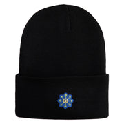 Small Blue Chiffon Daisy Floral Iron On Patched 12 Inch Long Knitted Beanie - Black OSFM