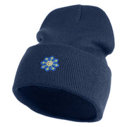 Small Blue Chiffon Daisy Floral Iron On Patched 12 Inch Long Knitted Beanie - Navy OSFM