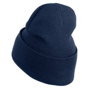 Small Blue Chiffon Daisy Floral Iron On Patched 12 Inch Long Knitted Beanie - Navy OSFM