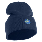 Small Blue Chiffon Daisy Floral Iron On Patched 12 Inch Long Knitted Beanie - Navy OSFM