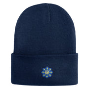 Small Blue Chiffon Daisy Floral Iron On Patched 12 Inch Long Knitted Beanie - Navy OSFM