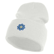 Small Blue Chiffon Daisy Floral Iron On Patched 12 Inch Long Knitted Beanie - White OSFM