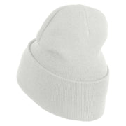 Small Blue Chiffon Daisy Floral Iron On Patched 12 Inch Long Knitted Beanie - White OSFM