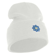Small Blue Chiffon Daisy Floral Iron On Patched 12 Inch Long Knitted Beanie - White OSFM