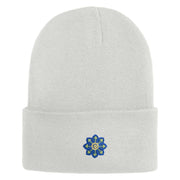Small Blue Chiffon Daisy Floral Iron On Patched 12 Inch Long Knitted Beanie - White OSFM