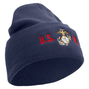 USMC Logo Embroidered 12 Inch Solid Knit Cuff Long Beanie Made in USA - Navy OSFM