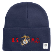 USMC Logo Embroidered 12 Inch Solid Knit Cuff Long Beanie Made in USA - Navy OSFM
