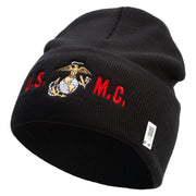 USMC Logo Embroidered 12 Inch Solid Knit Cuff Long Beanie Made in USA - Black OSFM